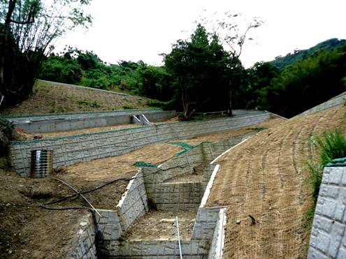 新設連續性固床工控制縱坡，改善河道土石堆積，並新設道路下邊坡擋土牆，以維持交通暢通。